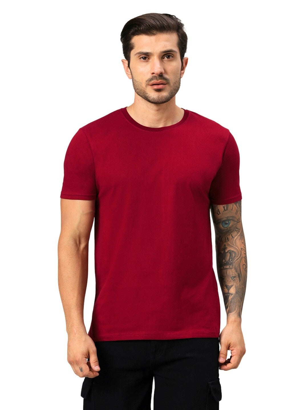 Men's Maroon Solid Regular Fit Cotton T-shirt