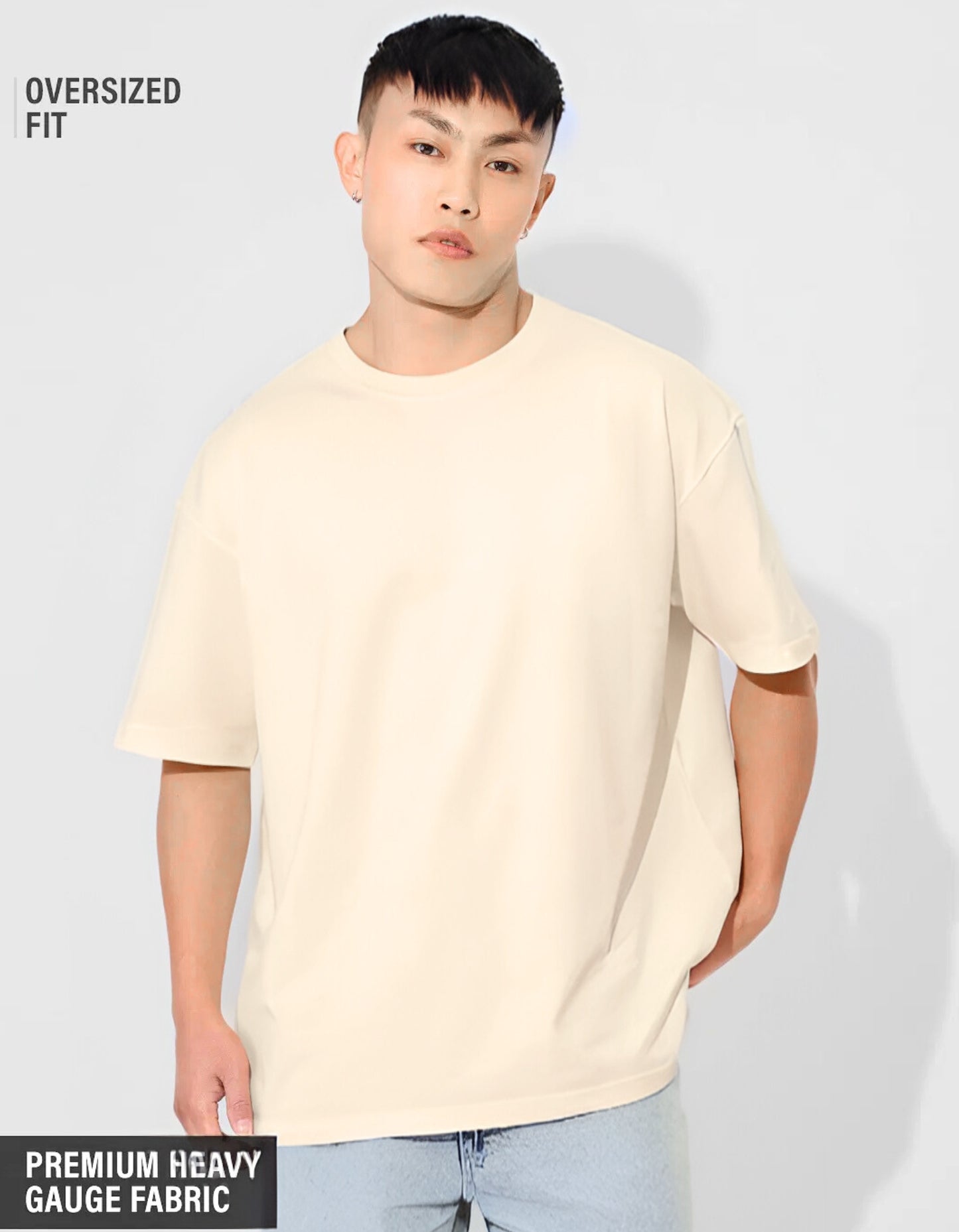 Men's Beige Oversized T-Shirt with Drop Shoulder