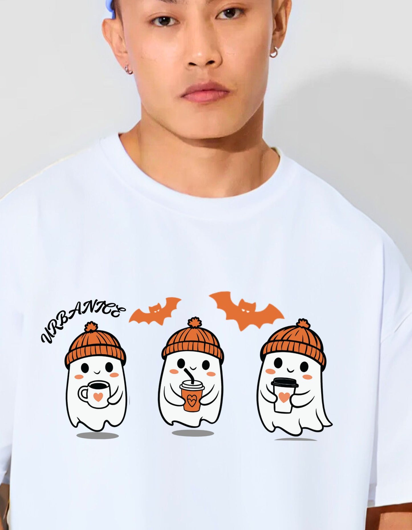 Men’s White Oversized T-shirt with Cute Ghost Print
