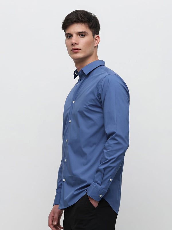 Men Blue Cotton Button Down Solid Shirt