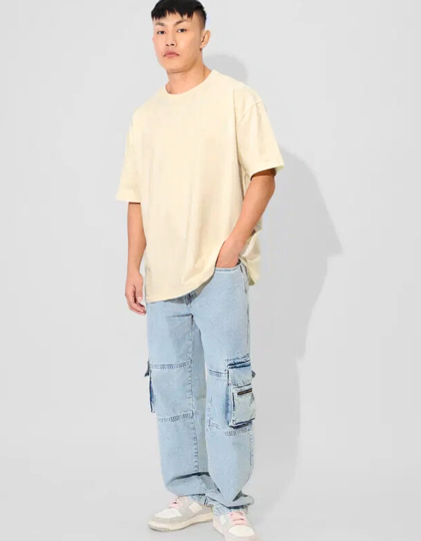 Men's Beige Oversized T-Shirt with Drop Shoulder