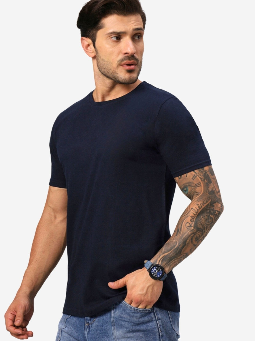 Men's Navy Blue Solid Regular Fit Cotton T-shirt
