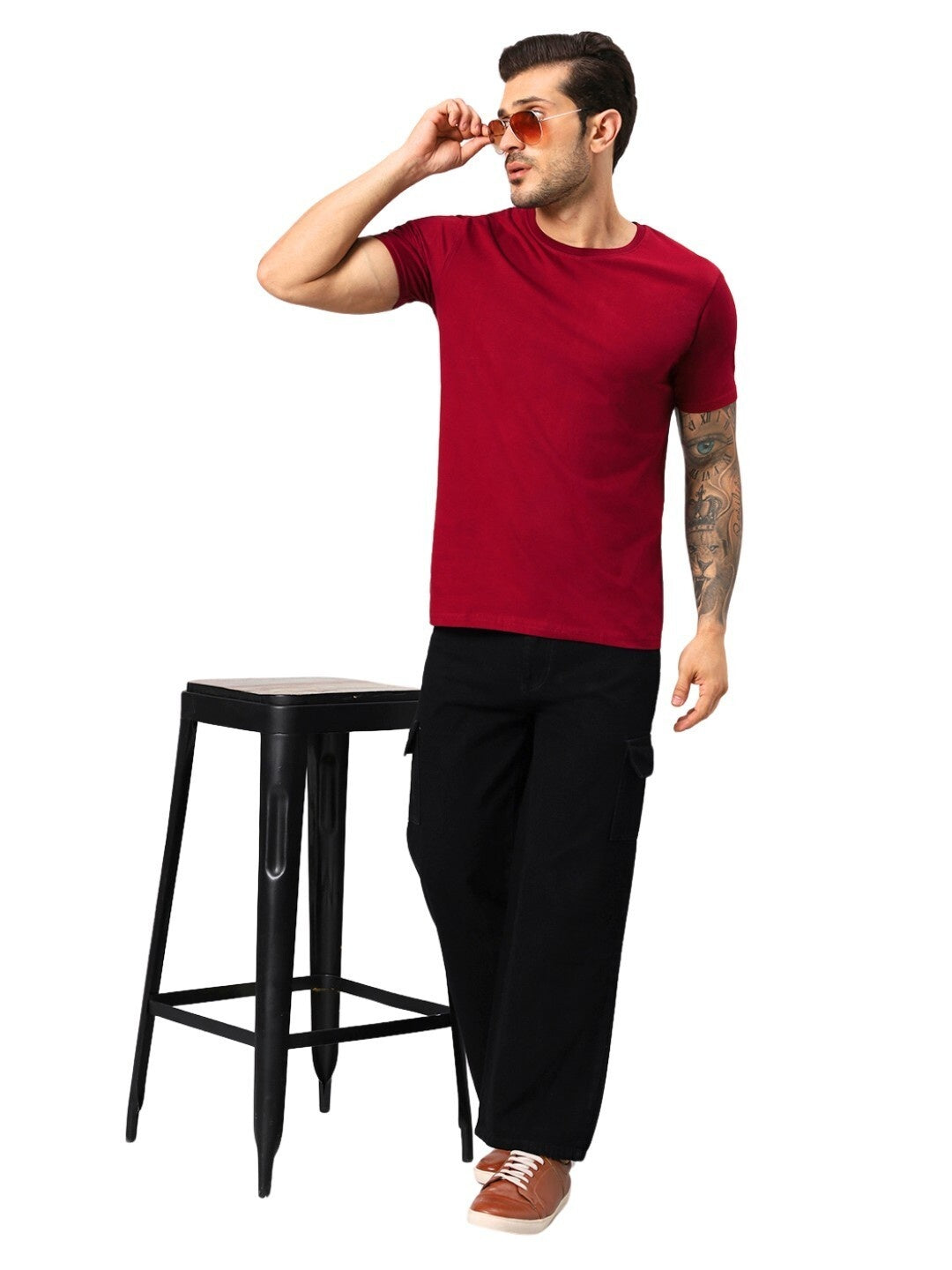Men's Maroon Solid Regular Fit Cotton T-shirt