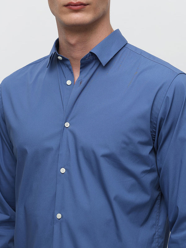 Men Blue Cotton Button Down Solid Shirt