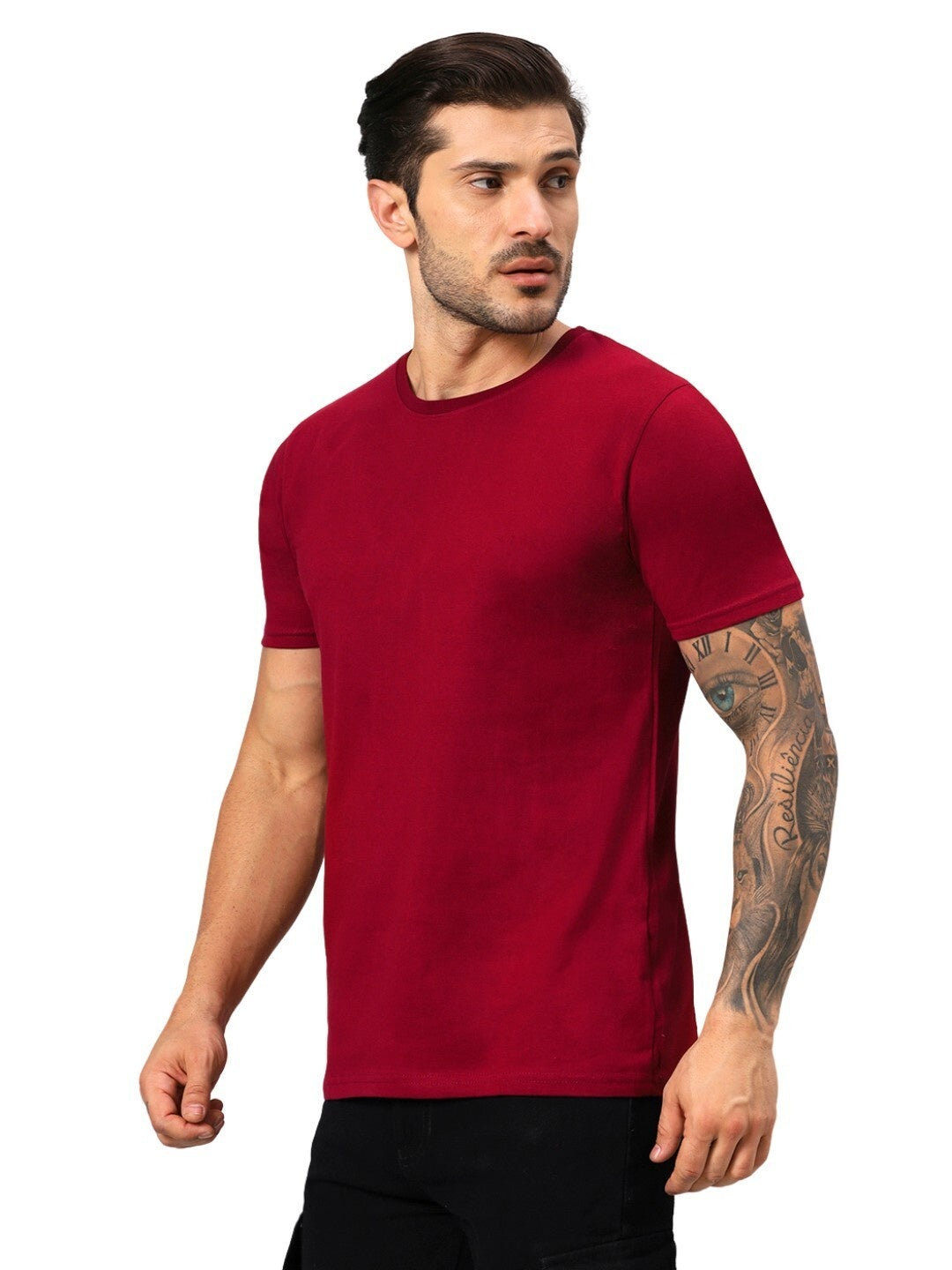 Men's Maroon Solid Regular Fit Cotton T-shirt