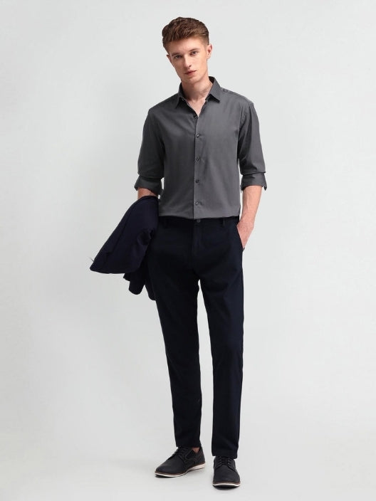 Men Grey Cotton Button Down Solid Shirt