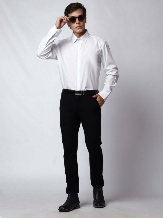 Men White Cotton Button Down Solid Shirt