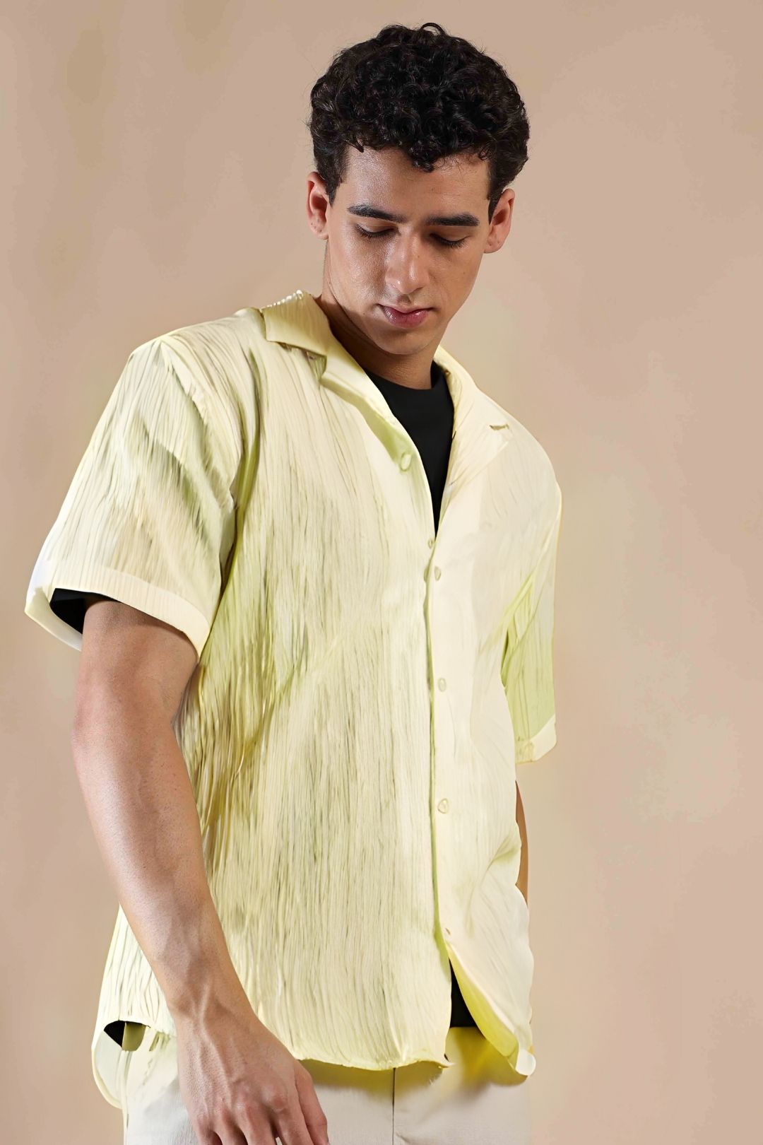 Men's Yeellow Half Sleeve Light Weight Texture Shirt