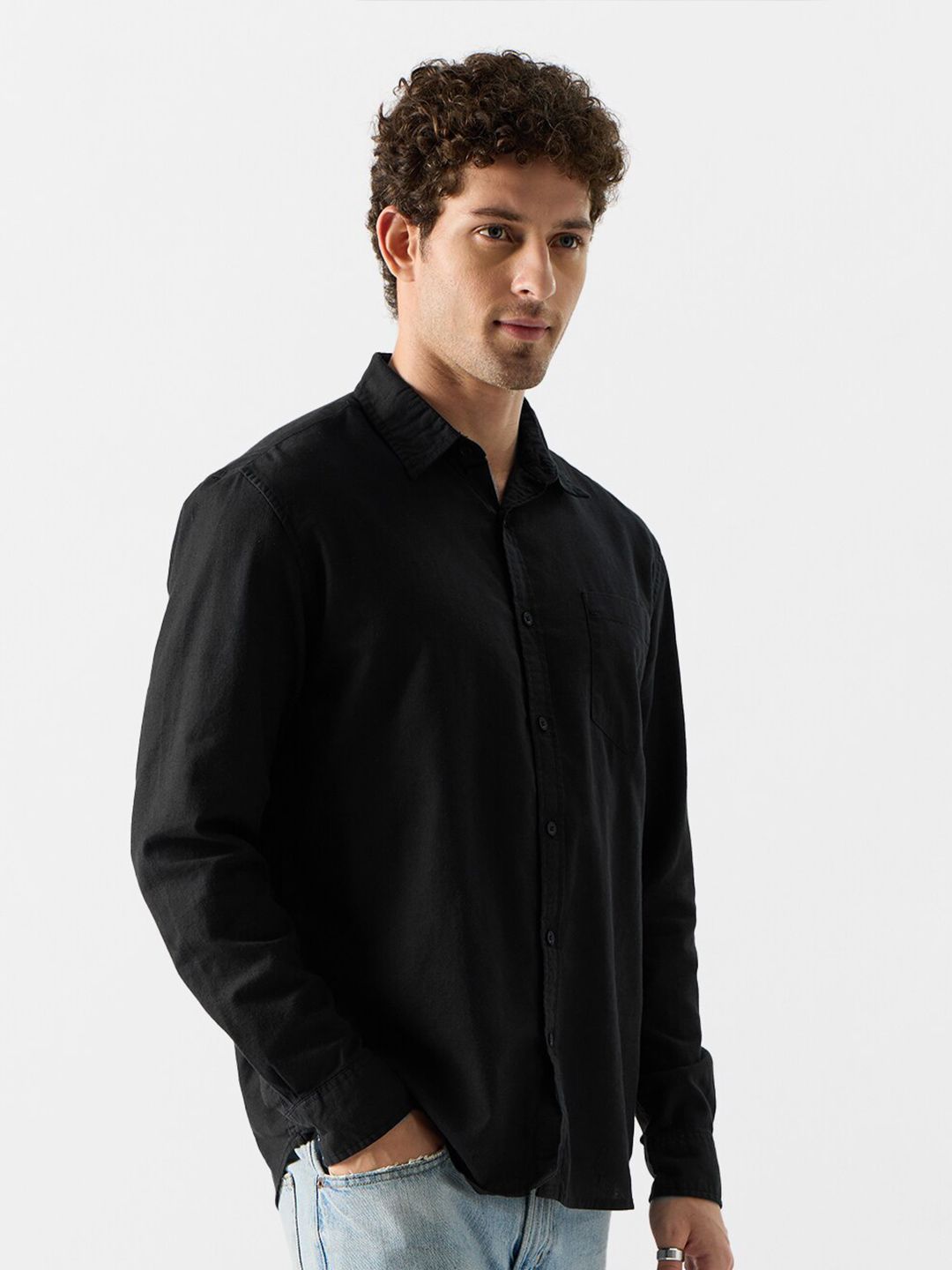 Men Black Cotton Button Down Solid Shirt