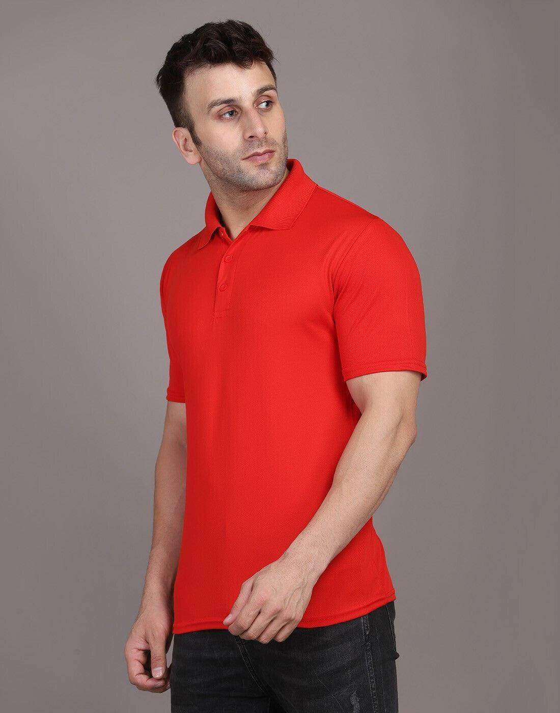 Men Solid Polo Neck Polyster Blend Red T-Shirt - URBANICE