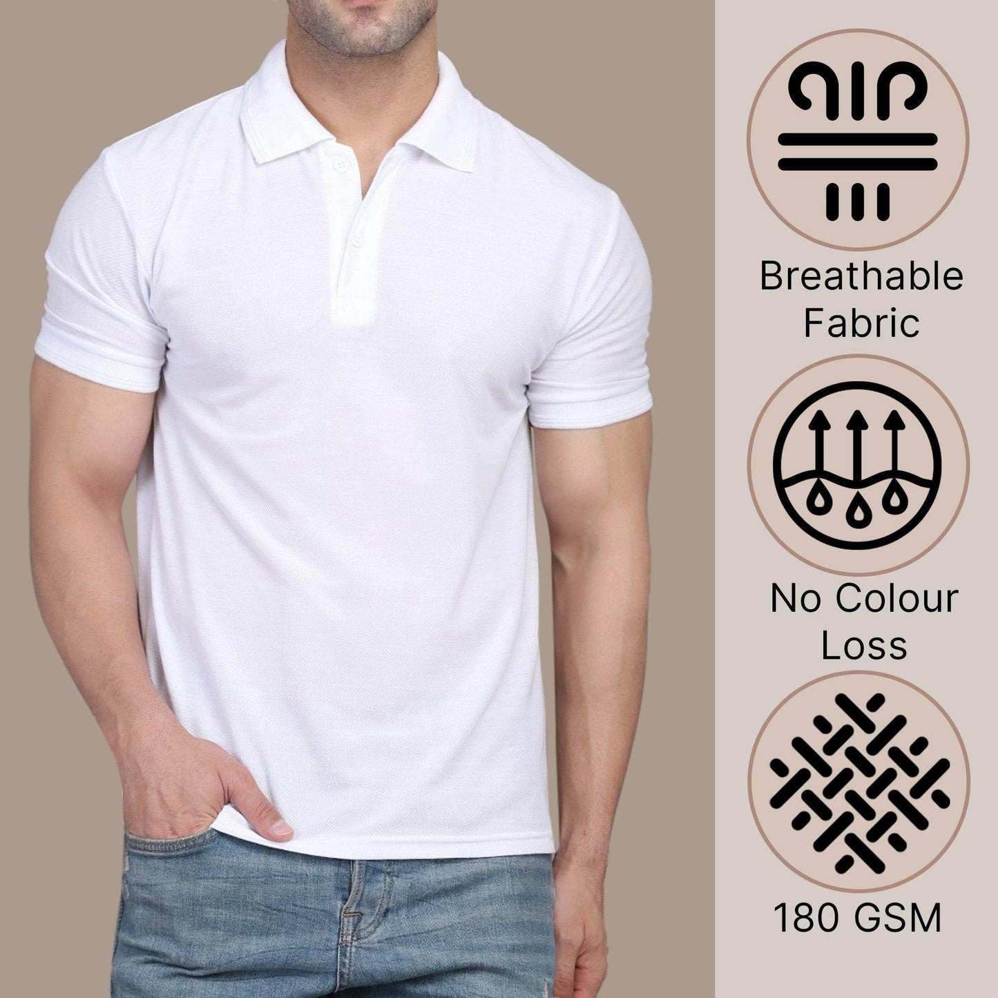 Men Solid Polo Neck Polyster Blend White T-Shirt - URBANICE