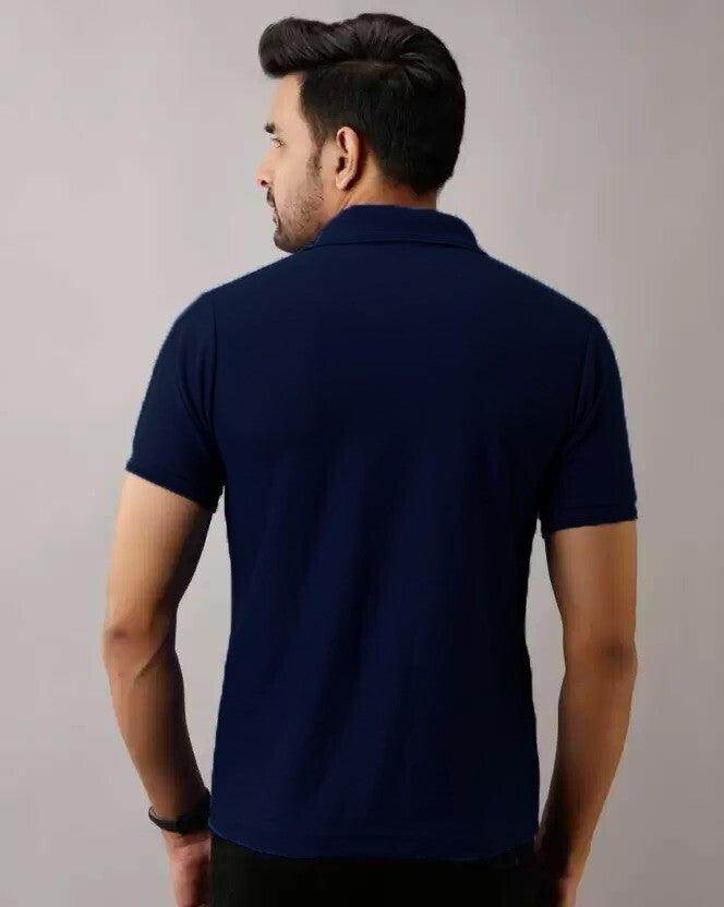 Men Solid Polo Neck Polyster Blend Navy Blue T-Shirt - URBANICE