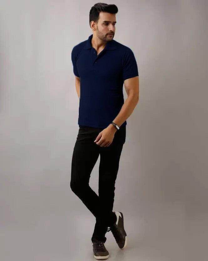 Men Solid Polo Neck Polyster Blend Navy Blue T-Shirt - URBANICE