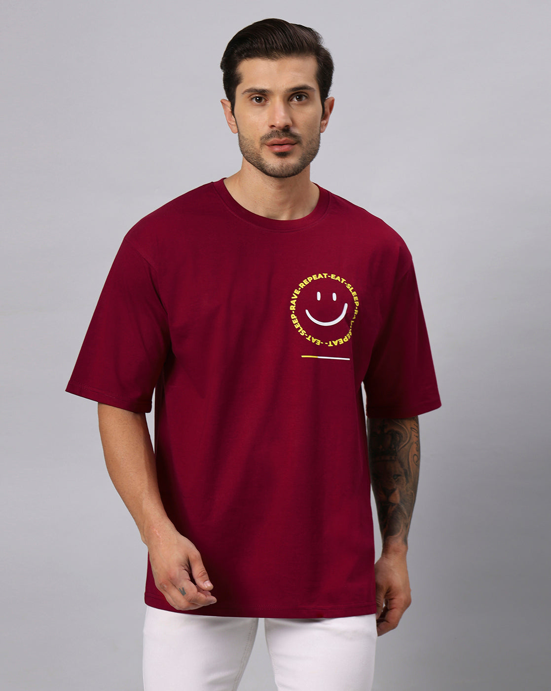 Men's Positive Emoji Graphic Printed Redwine Oversize T-shirt - URBANICE