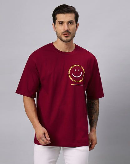 Men's Positive Emoji Graphic Printed Redwine Oversize T-shirt - URBANICE