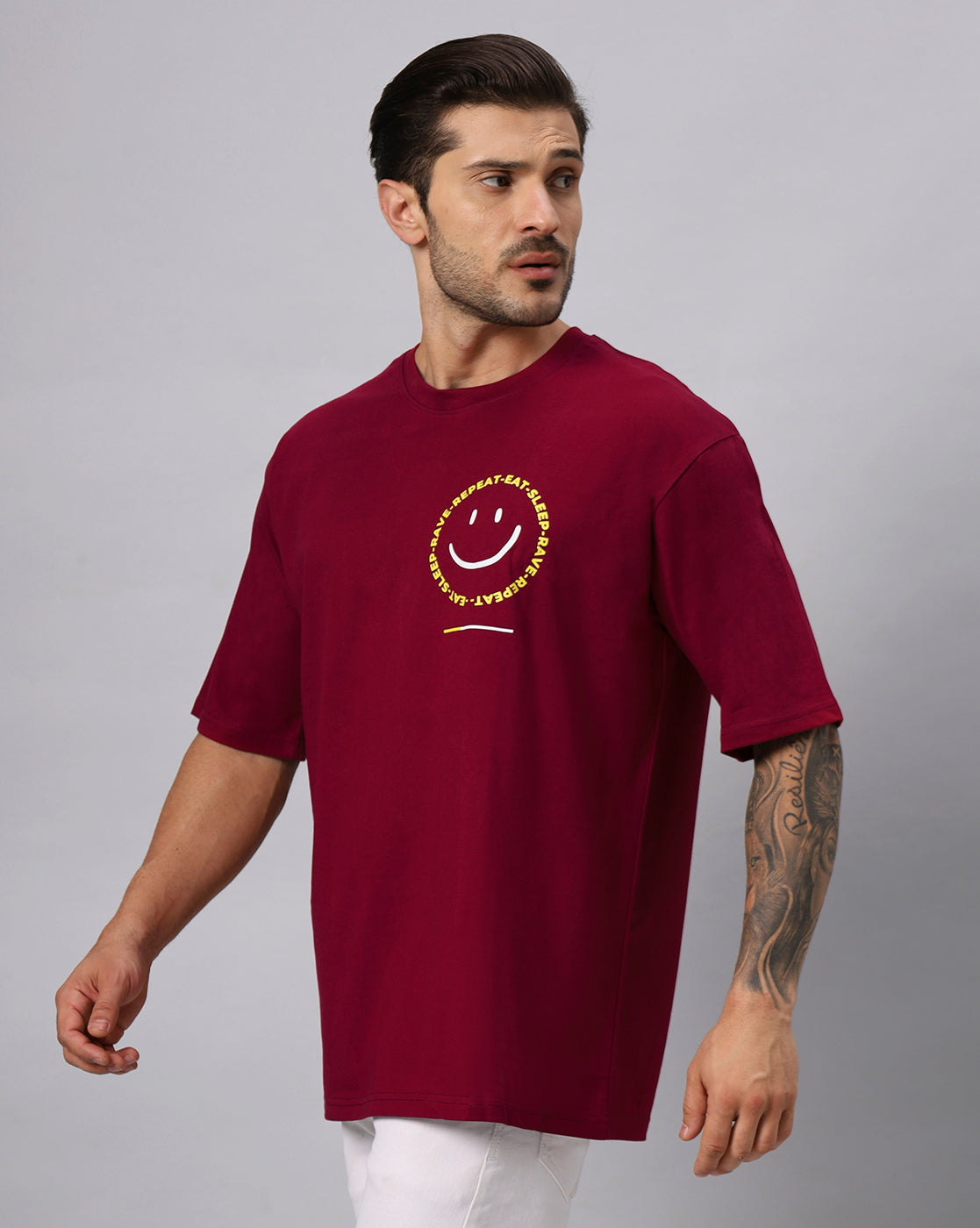 Men's Positive Emoji Graphic Printed Redwine Oversize T-shirt - URBANICE