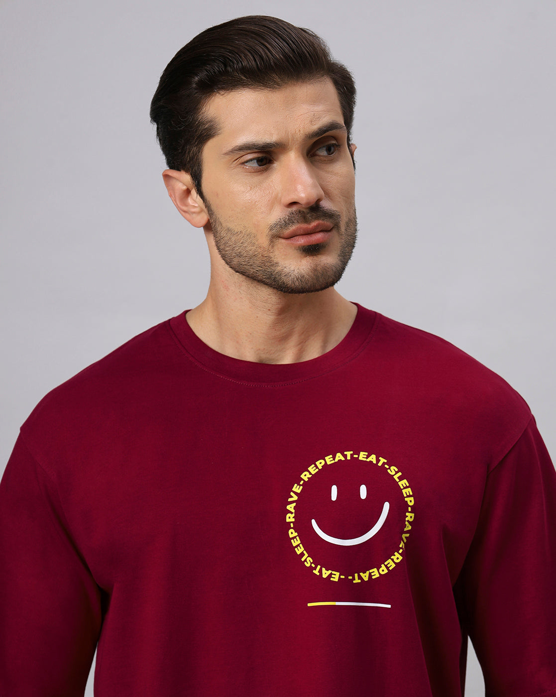 Men's Positive Emoji Graphic Printed Redwine Oversize T-shirt - URBANICE