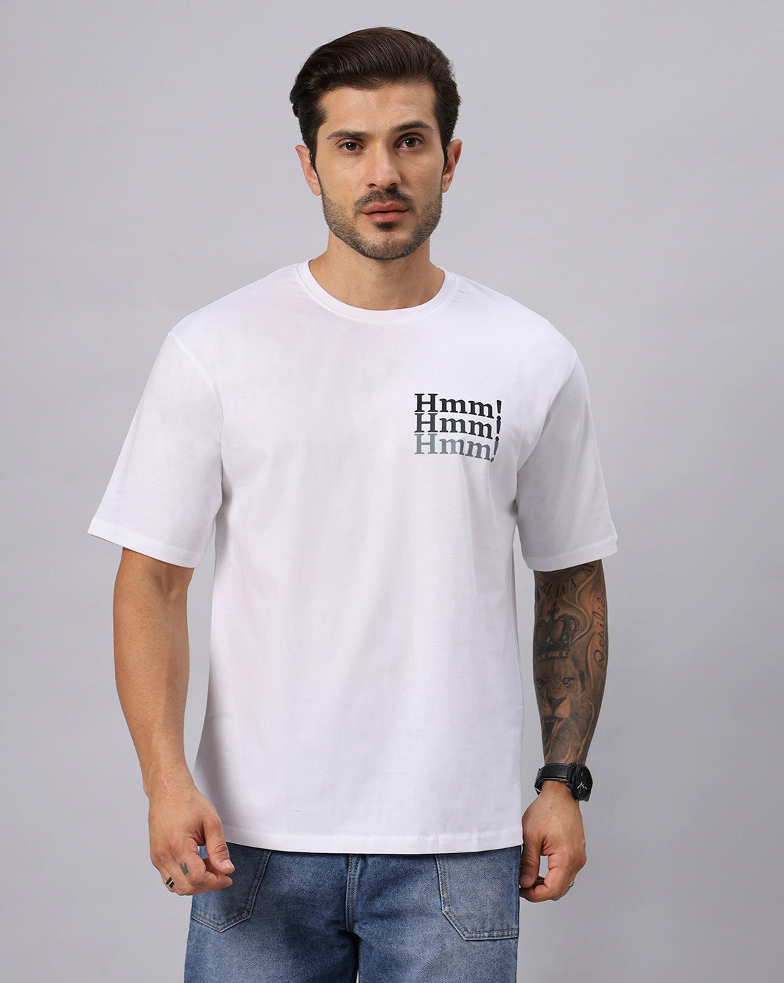 MEN'S WHITE HMM TYPOGRAPHY PRINTED OVERSIZE TSHIRT - URBANICE