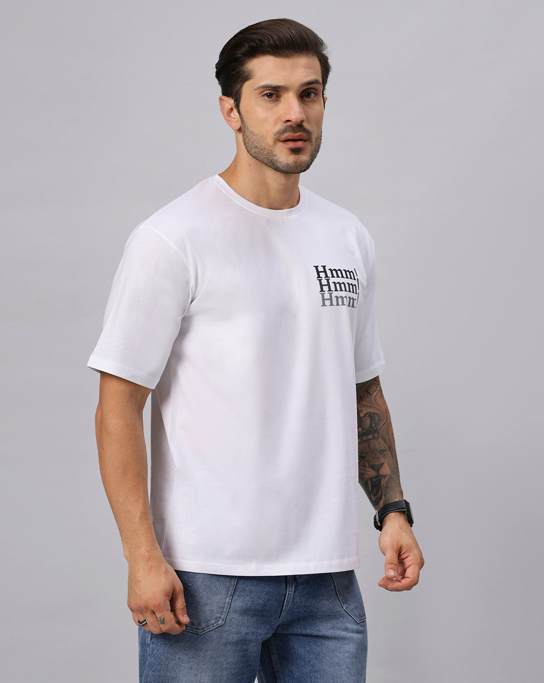 MEN'S WHITE HMM TYPOGRAPHY PRINTED OVERSIZE TSHIRT - URBANICE