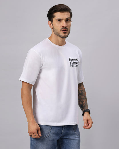 MEN'S WHITE HMM TYPOGRAPHY PRINTED OVERSIZE TSHIRT - URBANICE