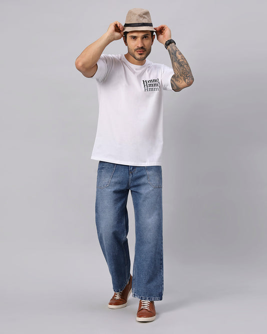 MEN'S WHITE HMM TYPOGRAPHY PRINTED OVERSIZE TSHIRT - URBANICE