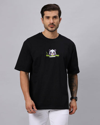 Men's Eating Panda Black Graphic Printed Oversize Tshirt - URBANICE