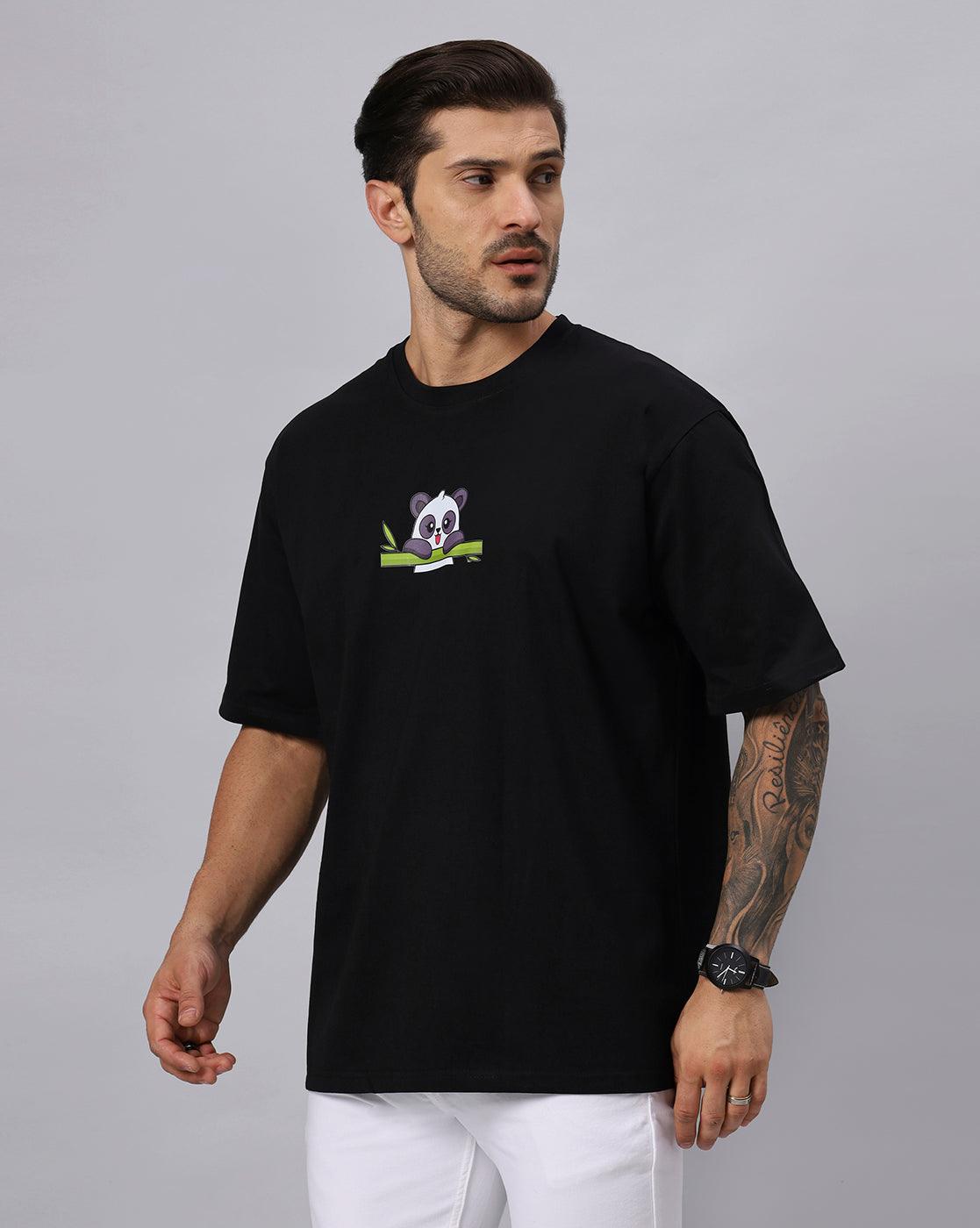 Men's Eating Panda Black Graphic Printed Oversize Tshirt - URBANICE