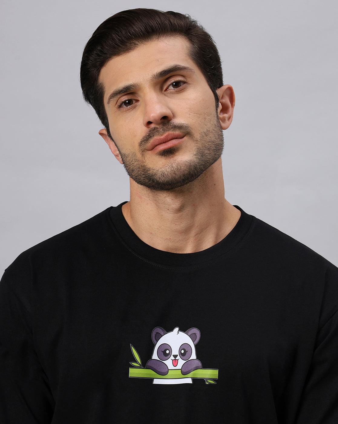 Men's Eating Panda Black Graphic Printed Oversize Tshirt - URBANICE