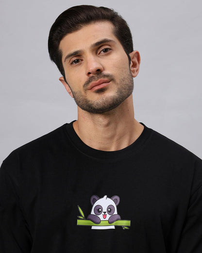 Men's Eating Panda Black Graphic Printed Oversize Tshirt - URBANICE