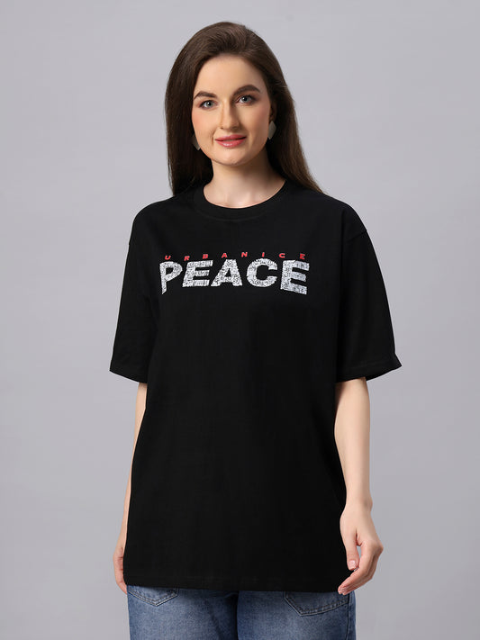 Women Black Peace Graphic Printed Oversize T-shirt - URBANICE