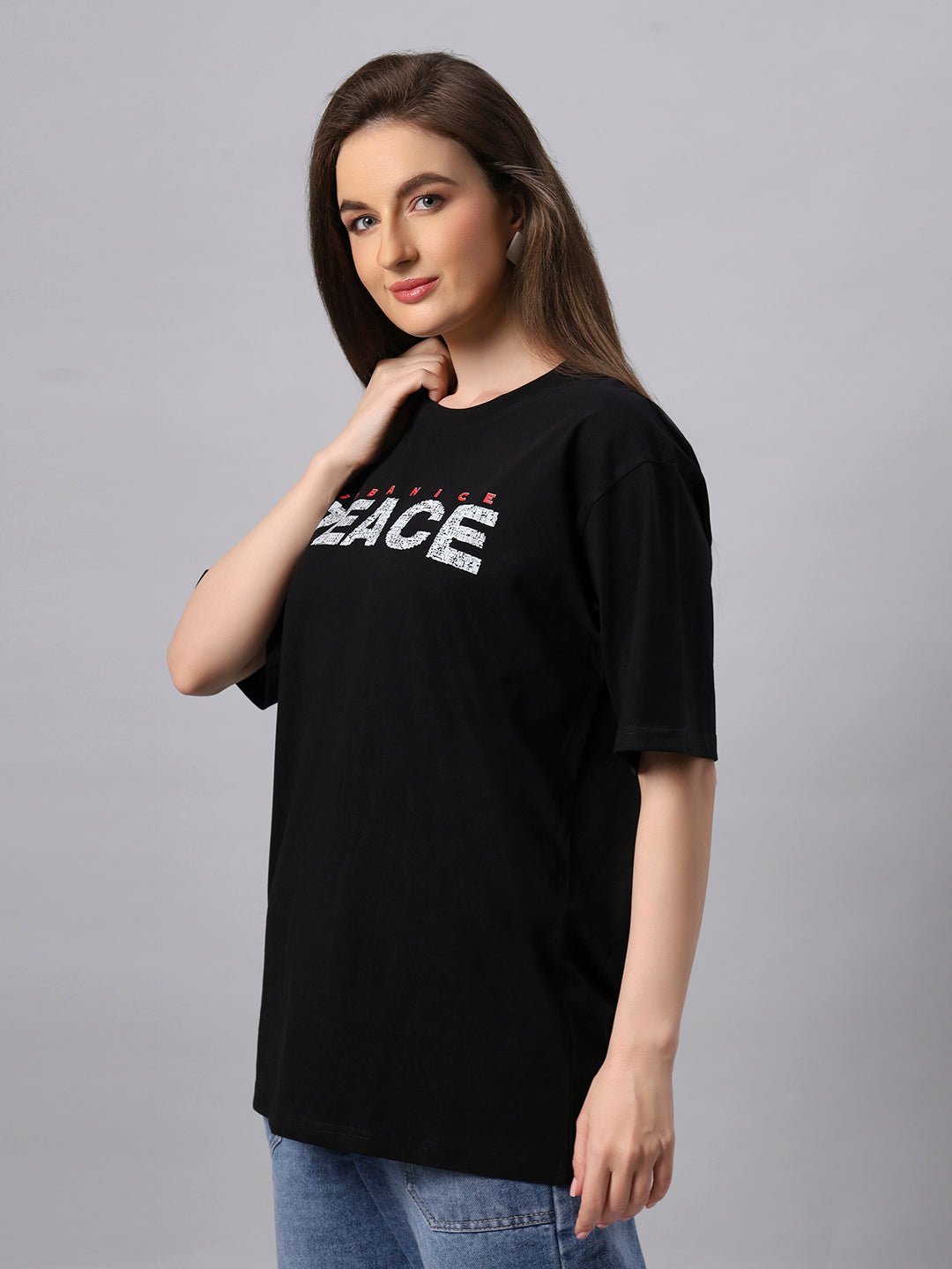 Women Black Peace Graphic Printed Oversize T-shirt - URBANICE