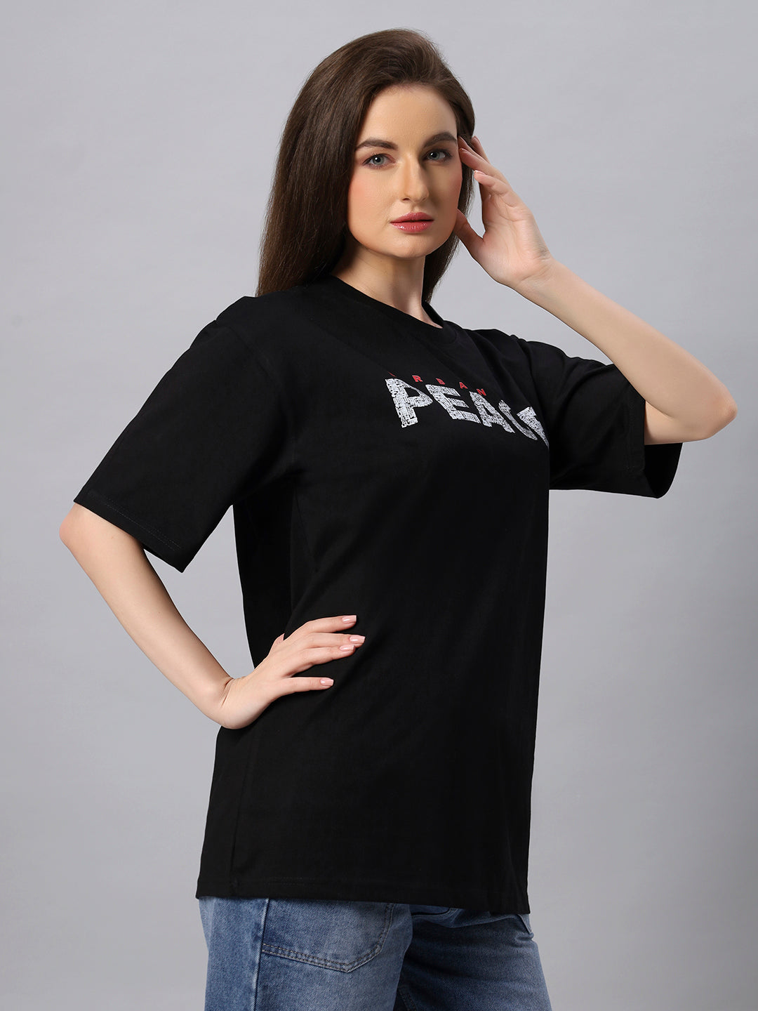 Women Black Peace Graphic Printed Oversize T-shirt - URBANICE