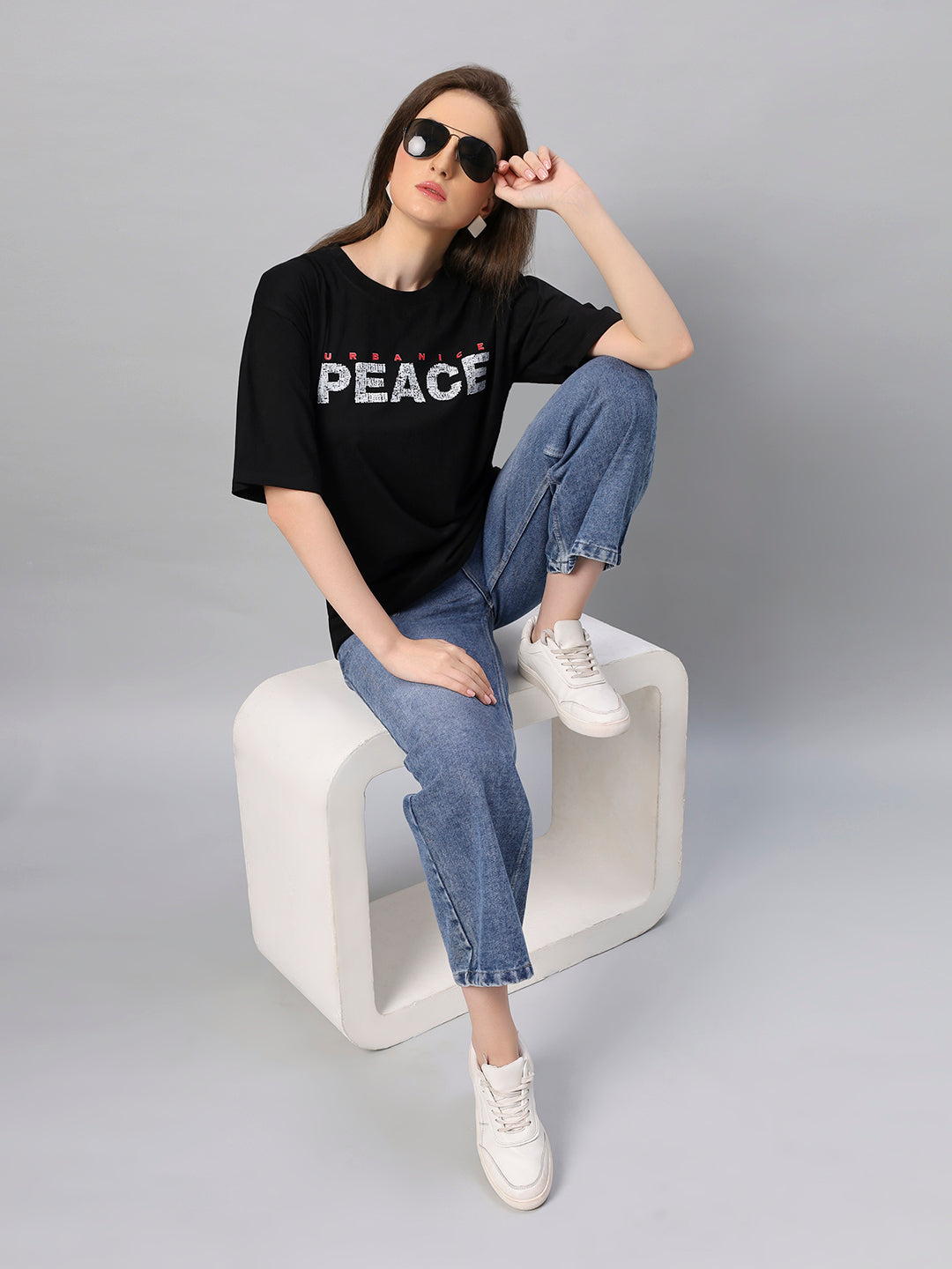 Women Black Peace Graphic Printed Oversize T-shirt - URBANICE