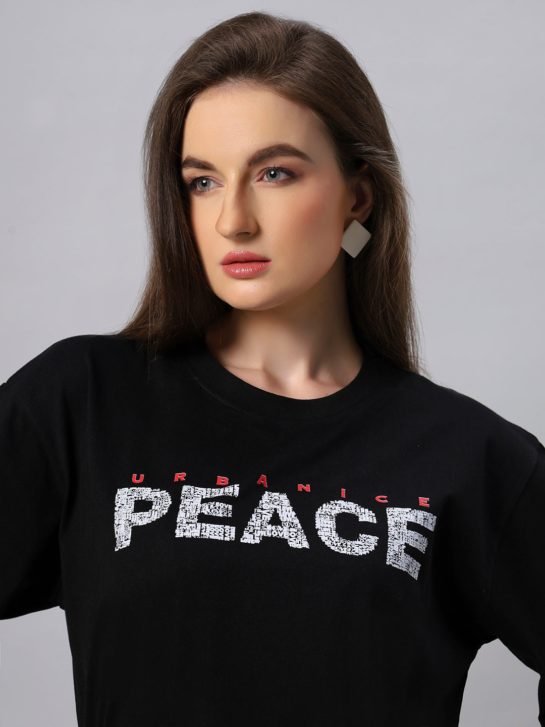 Women Black Peace Graphic Printed Oversize T-shirt - URBANICE