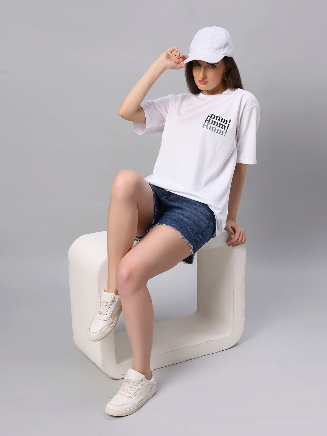 Women White HMM Graphic Printed Oversize T-shirt - URBANICE