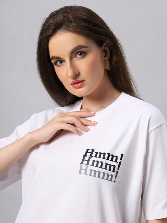 Women White HMM Graphic Printed Oversize T-shirt - URBANICE