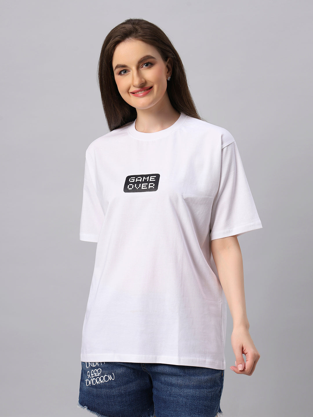 Women White Game Over Graphic Printed Oversize T-shirt - URBANICE