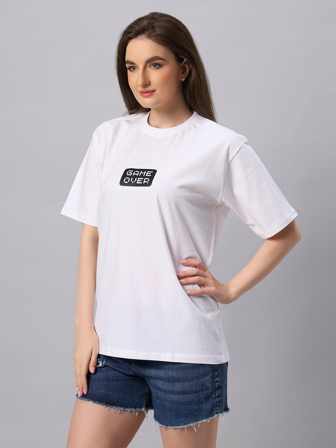 Women White Game Over Graphic Printed Oversize T-shirt - URBANICE