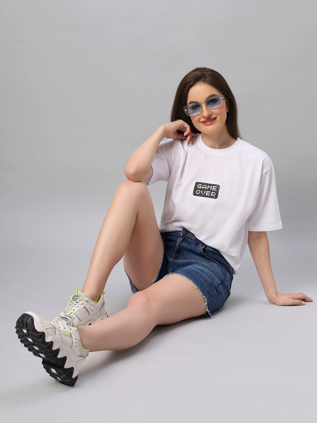 Women White Game Over Graphic Printed Oversize T-shirt - URBANICE