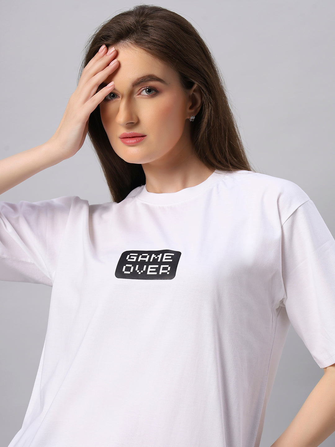 Women White Game Over Graphic Printed Oversize T-shirt - URBANICE