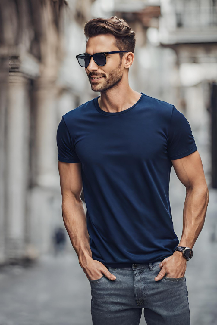 Men's Basic Navy Blue Regular T-shirt - URBANICE