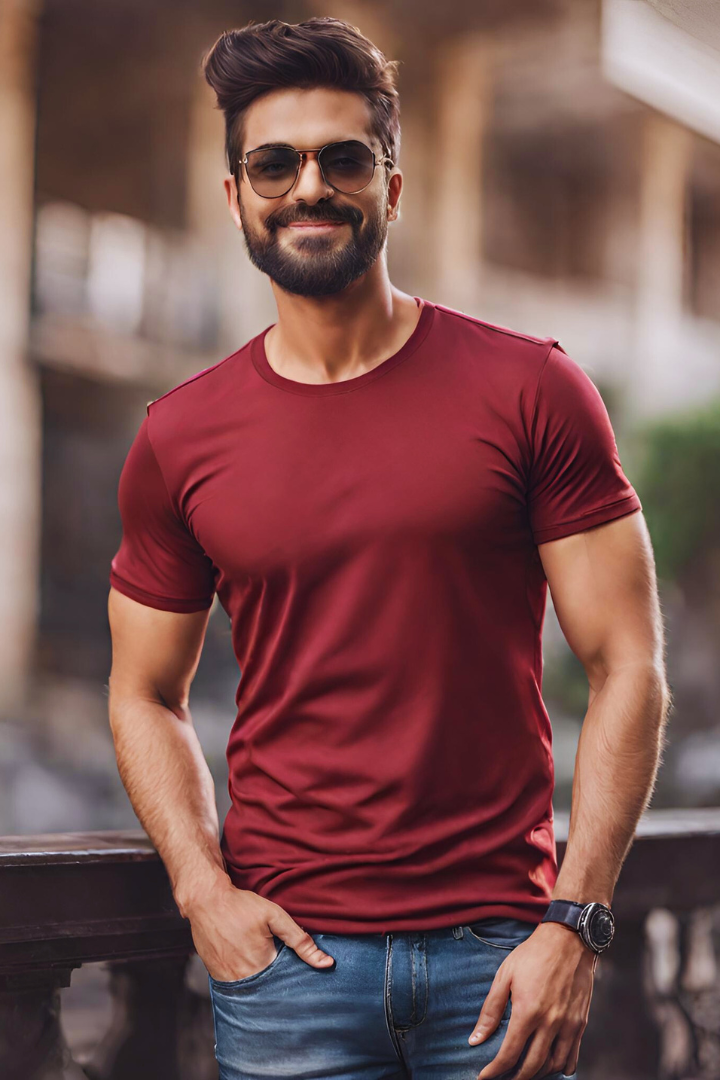 Men's Basic Red Wine Regular T-shirt - URBANICE