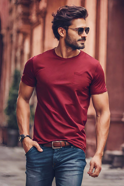 Men's Basic Red Wine Regular T-shirt - URBANICE