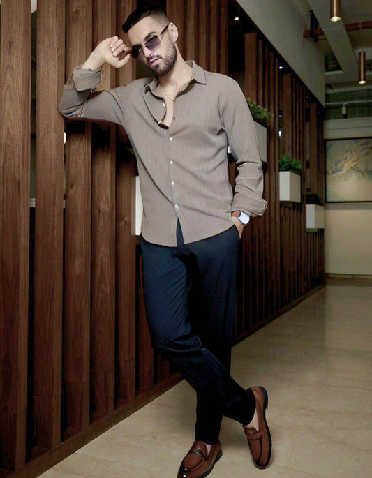 Men's Gray Texture Slim Fit Shirt - URBANICE