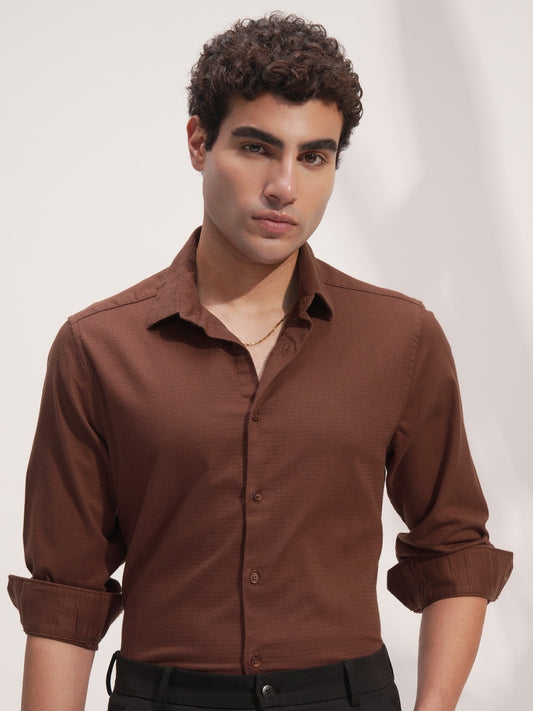 Men Brown Cotton Button Down Solid Shirt