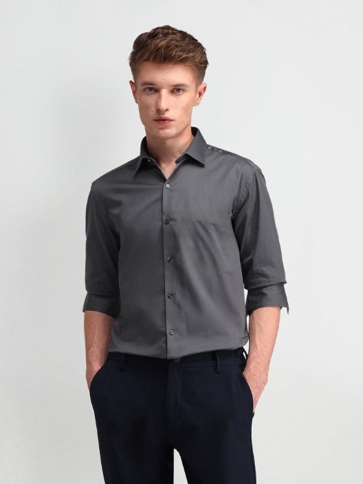 Men Grey Cotton Button Down Solid Shirt