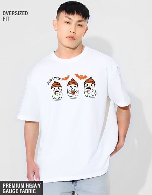 Men’s White Oversized T-shirt with Cute Ghost Print