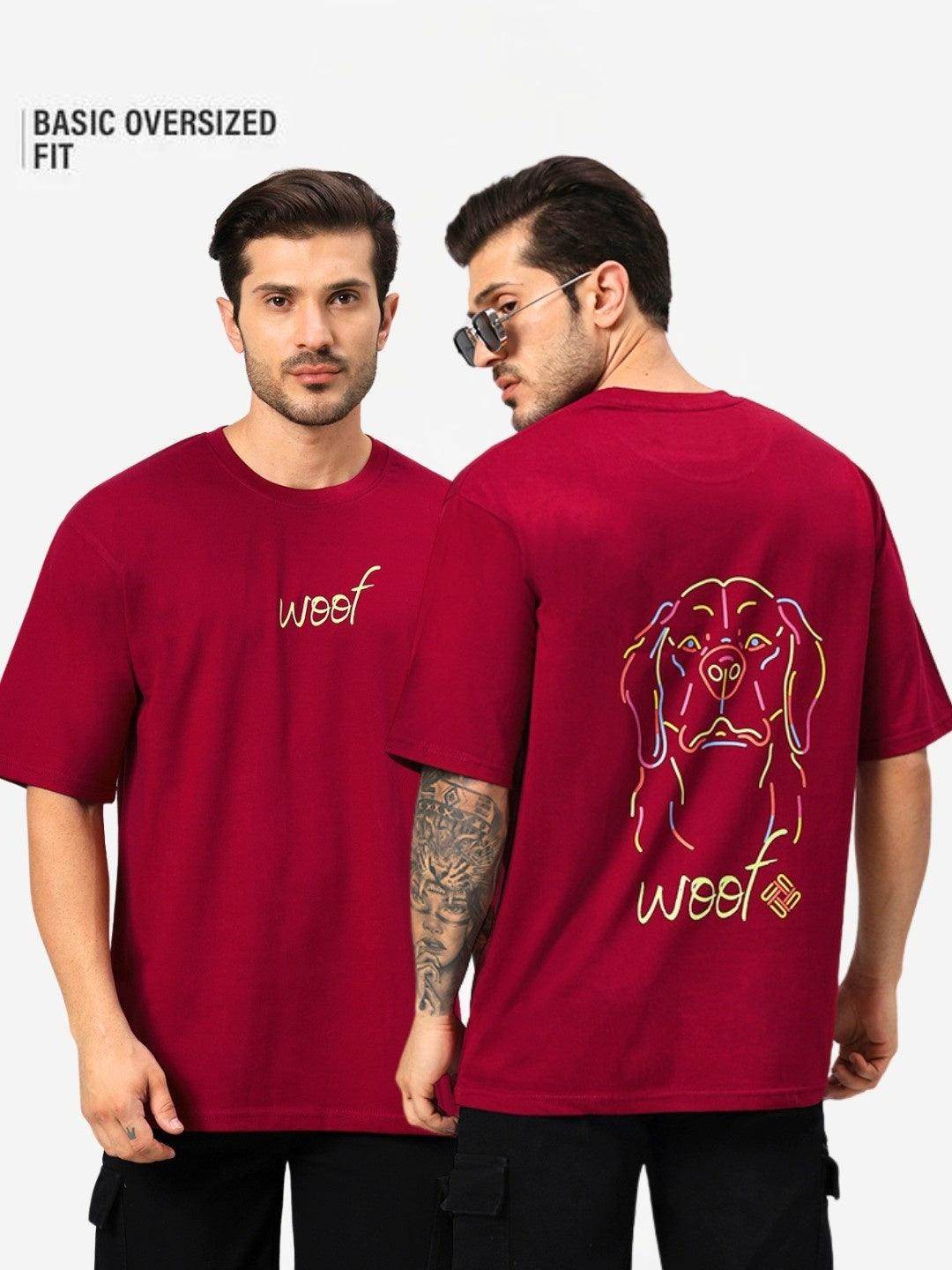 Men's Maroon Woof Dog Graphic Printed Oversized T-Shirt - URBANICE