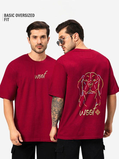Men's Maroon Woof Dog Graphic Printed Oversized T-Shirt - URBANICE