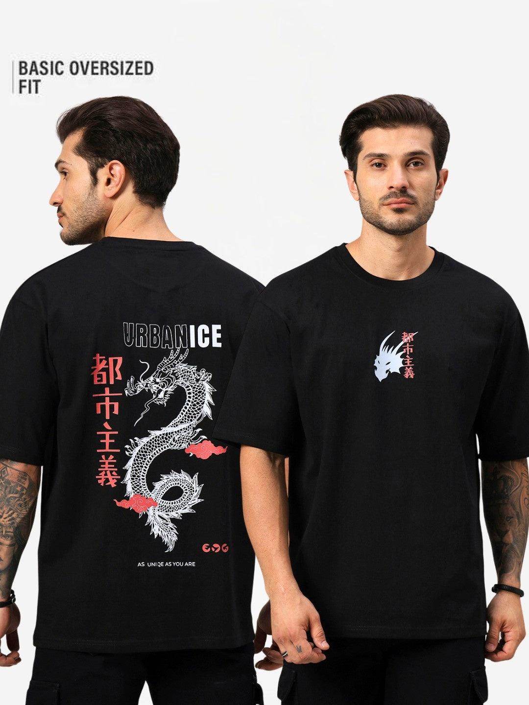 Men's Black UrbanIce Dragon Graphic Oversized T-Shirt - URBANICE